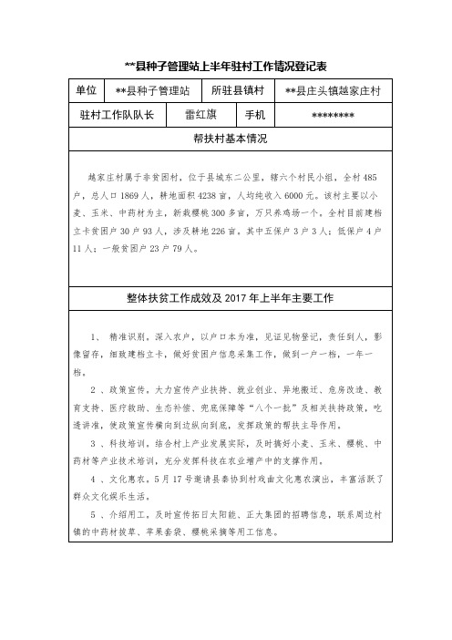 XX县种子管理站上半年驻村工作情况登记表【模板】