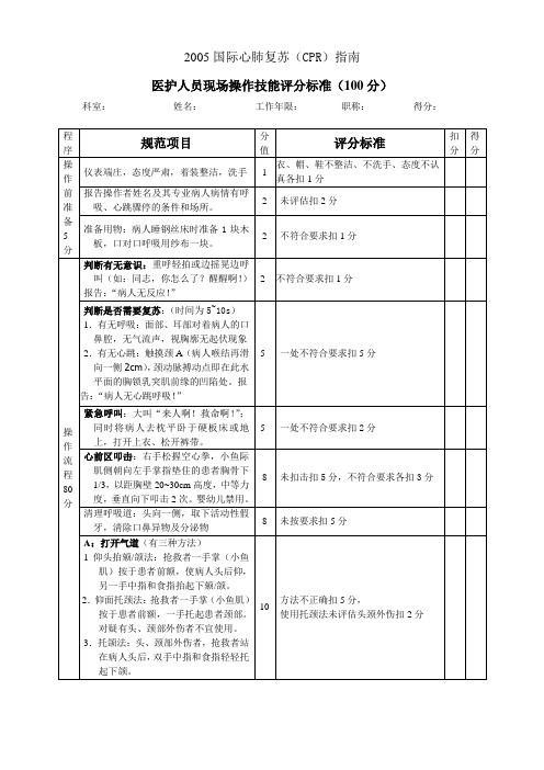 心肺复苏(CPR)医护人员现场操作技能评分标准