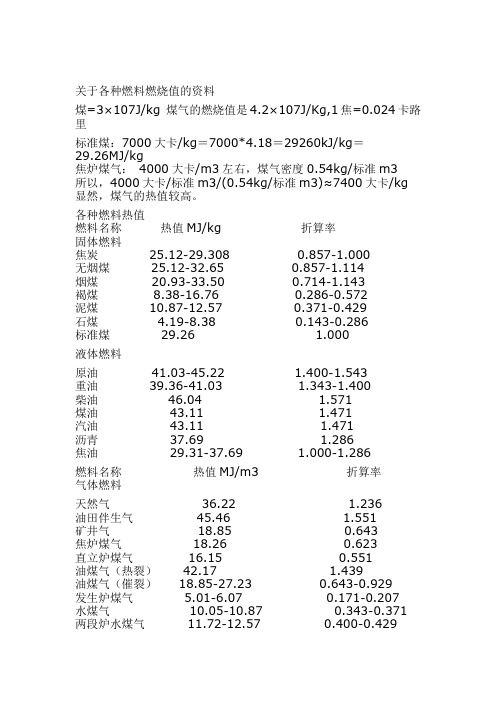 常用燃料的燃烧值表