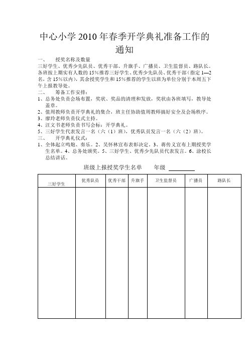 中心小学2010年春季开学典礼准备工作的通知