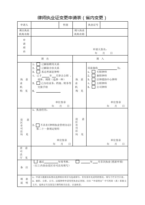 律师执业证变更申请表内变更