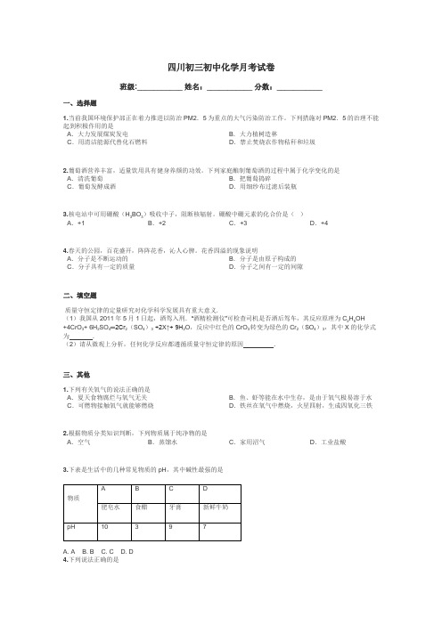 四川初三初中化学月考试卷带答案解析
