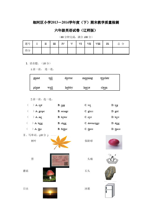 辽宁省阜新市14—15学年下学期六年级英语(辽师版)期末测试(无答案)