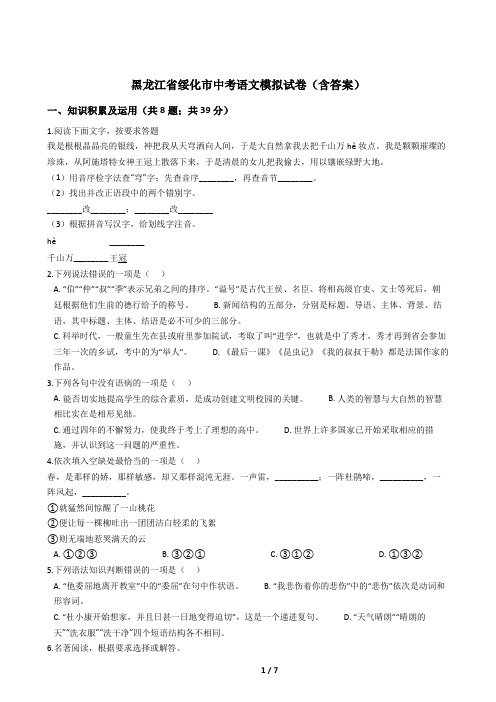 黑龙江省绥化市中考语文模拟试卷(含答案)