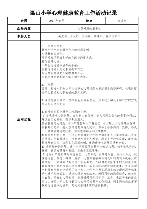心理健康教育工作活动记录