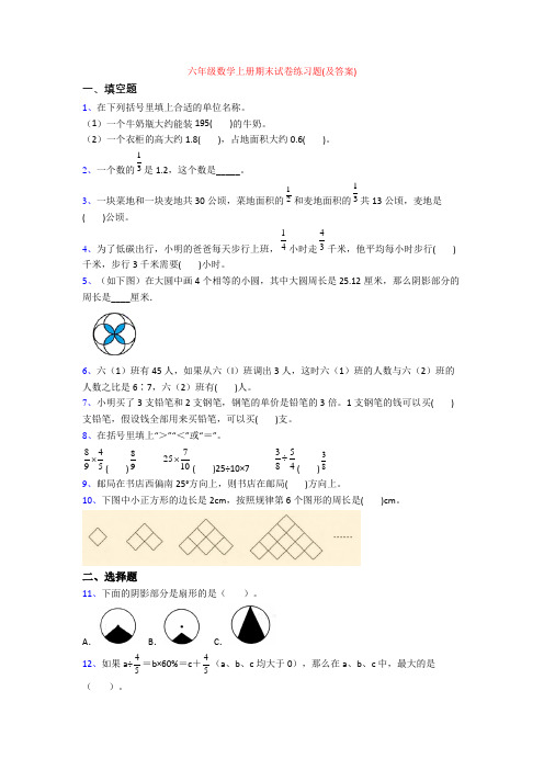 六年级数学上册期末试卷练习题(及答案)