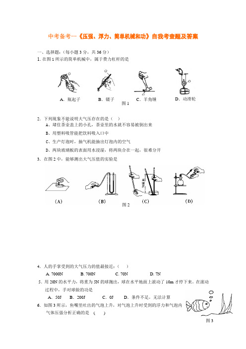 中考备考--《压强,浮力,简单机械和功》自我考查题及答案