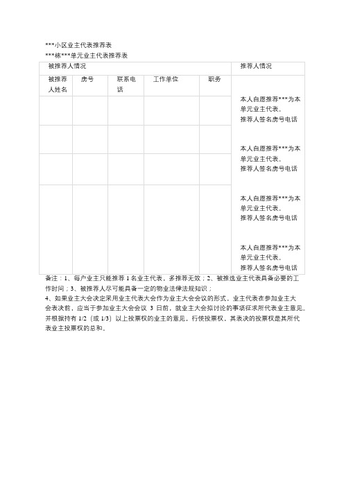 小区业主代表推荐表