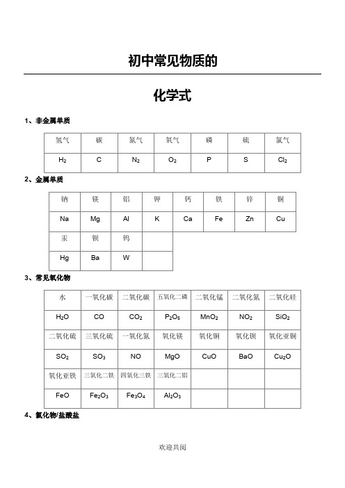 初中常见物质的化学式(大全)