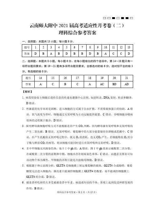 云南师大附中2021届高考适应性月考卷(二)理科综合参考答案