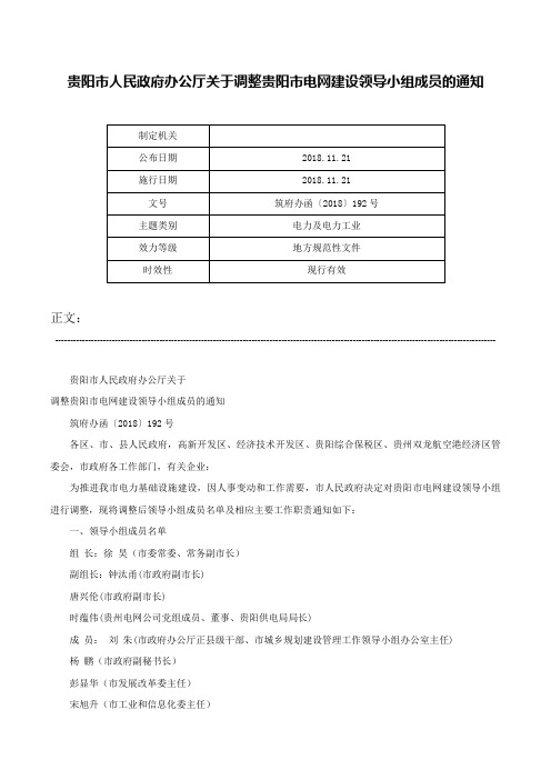 贵阳市人民政府办公厅关于调整贵阳市电网建设领导小组成员的通知-筑府办函〔2018〕192号