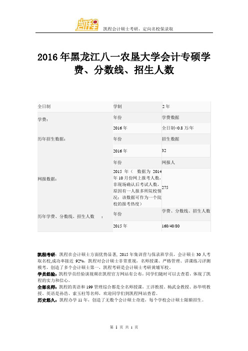 2016年黑龙江八一农垦大学会计专硕学费、分数线、招生人数