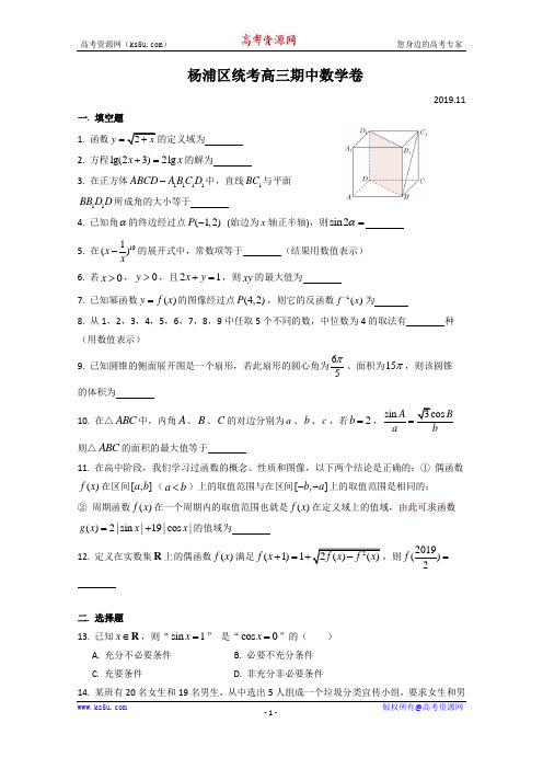 上海市杨浦区高三上学期期中考试数学试题含答案