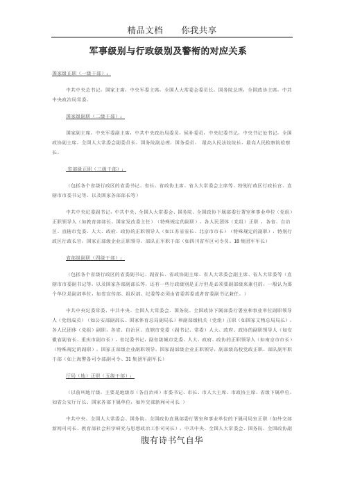 军事级别与行政级别及警衔的对应关系