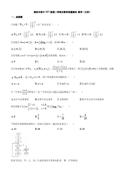 [首发]四川省绵阳市2018-2019学年高二下学期期末考试数学(文)试题