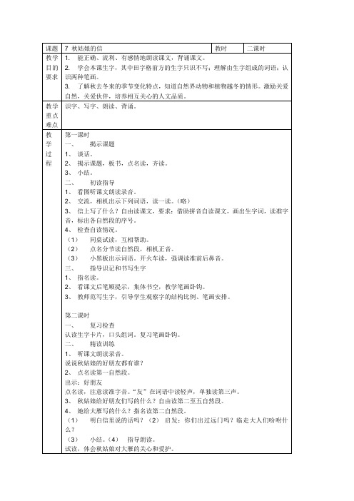 (苏教版)一年级语文上册《7 秋姑娘的信》教案