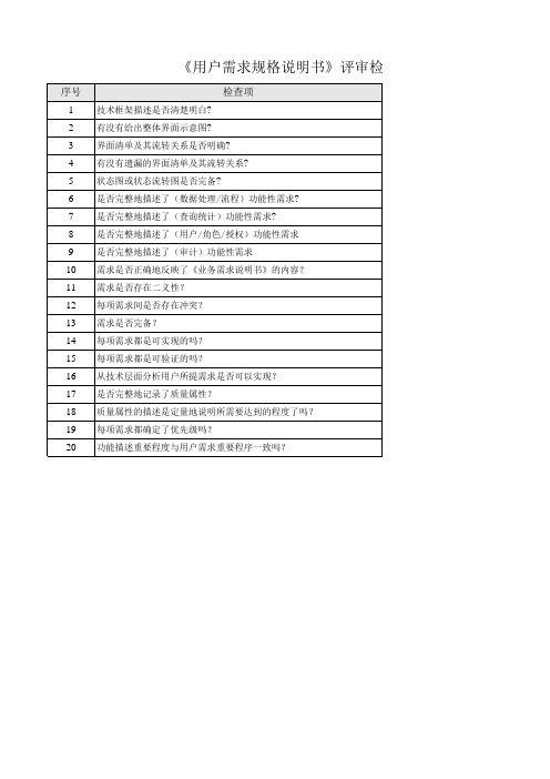 《需求规格说明书》评审检查单