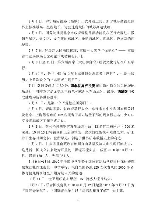 2010年下半年时政新闻(完整版)