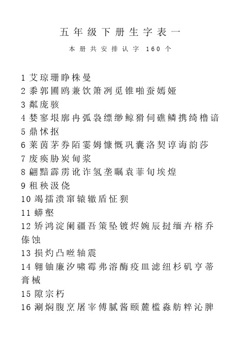 教科版五年级下册生字表一二