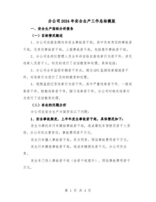 分公司2024年安全生产工作总结模版（二篇）