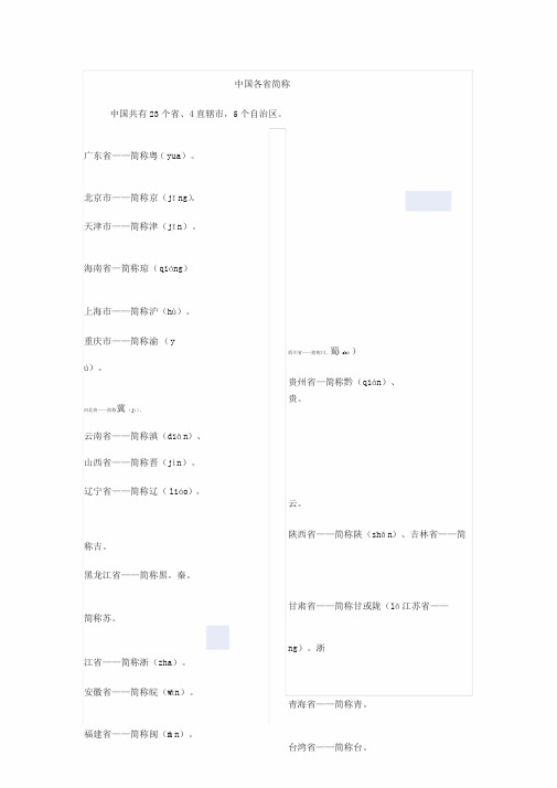中国各省简称
