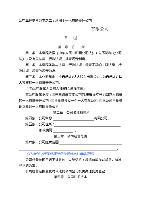 公司章程范本范本之二(一人有限公司)