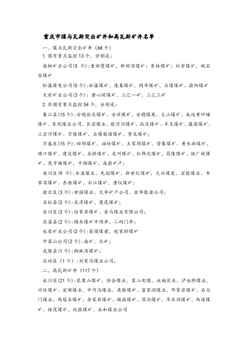 重庆市突出及高瓦斯矿分布