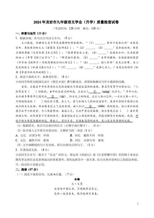 2024年龙岩市九年级语文学业(升学)质量检查试卷附答案解析