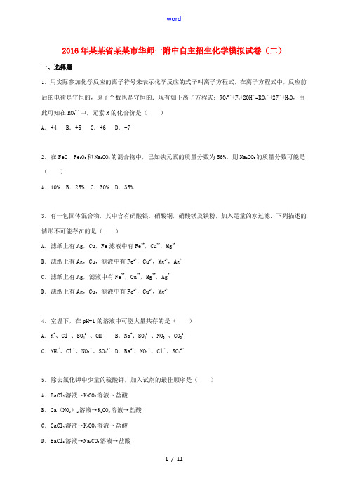 湖北省武汉市华师一附中九年级化学自主招生模拟试题(二)(含解析)-人教版初中九年级全册化学试题