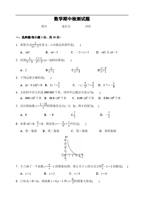 2014-2015学年八年级(下)期中数学检测题(含答案)