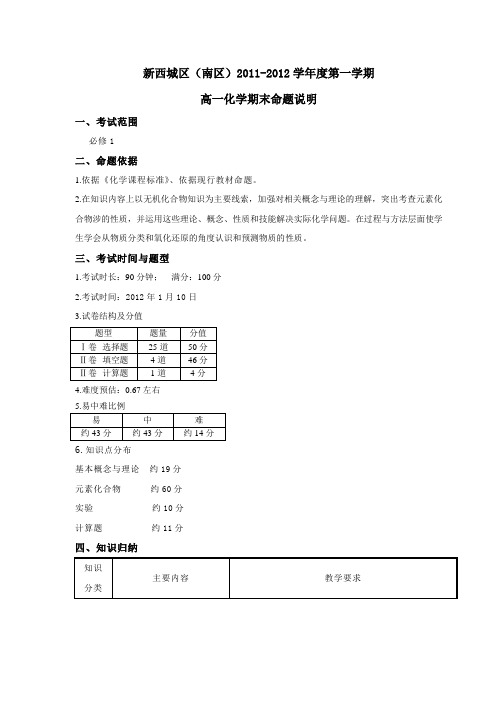 2011-2012学年度第一学期高一化学期末复习建议
