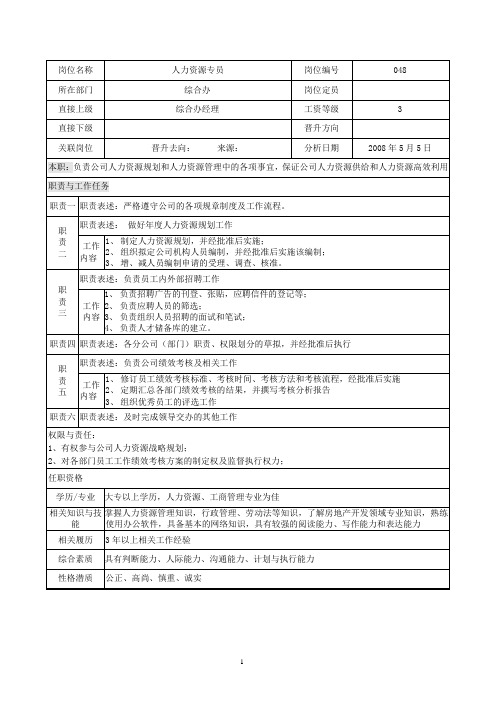 A超市人力资源专员岗位说明