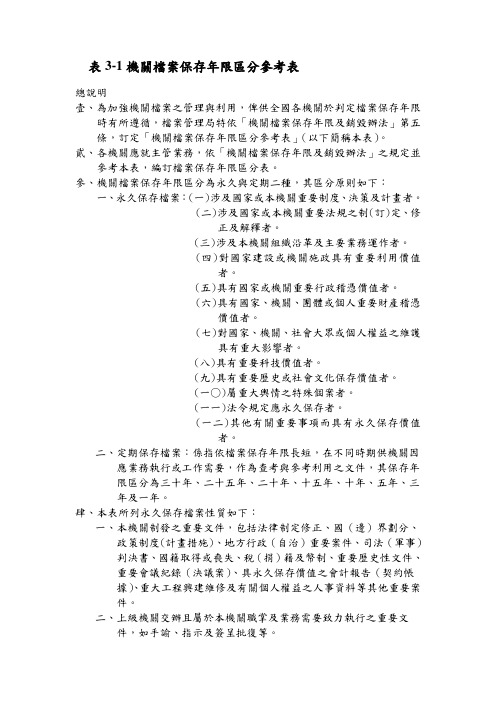 表3-1机关档案保存年限区分参考表
