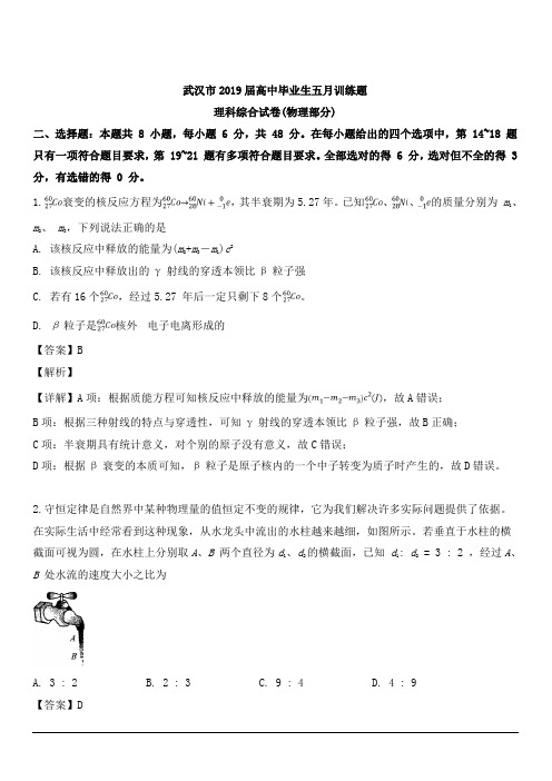 湖北省武汉市2019届高三下学期五月训练题理科综合物理试题 含解析