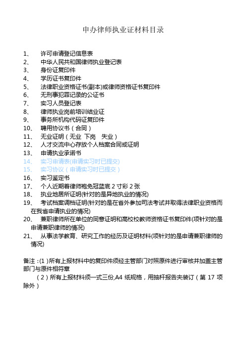 申办律师执业证材料目录(司)