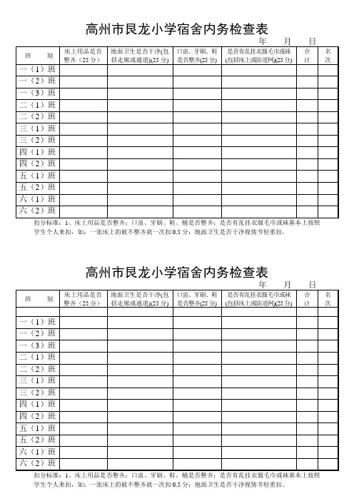 小学宿舍内务检查表