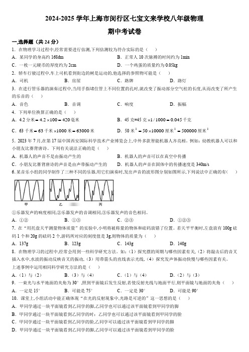 2024-2025学年上海市闵行区七宝文来学校八年级上学期期中考试物理试卷