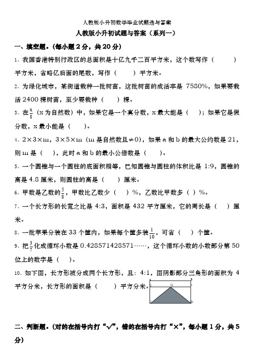 人教版小升初数学毕业试题选及答案