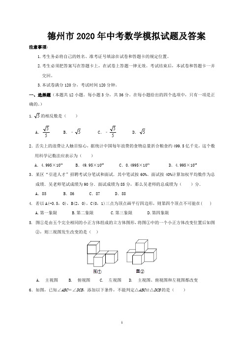 德州市2020年中考数学模拟试题及答案