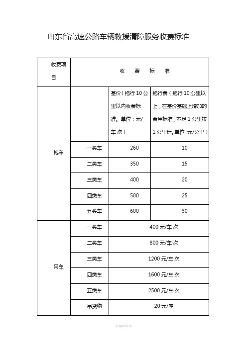 山东高速公路车辆救援清障服务收费标准
