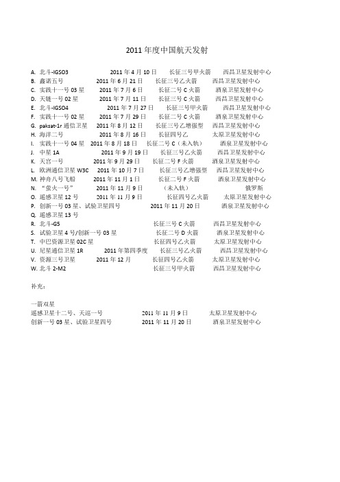 2011中国航天发射计划
