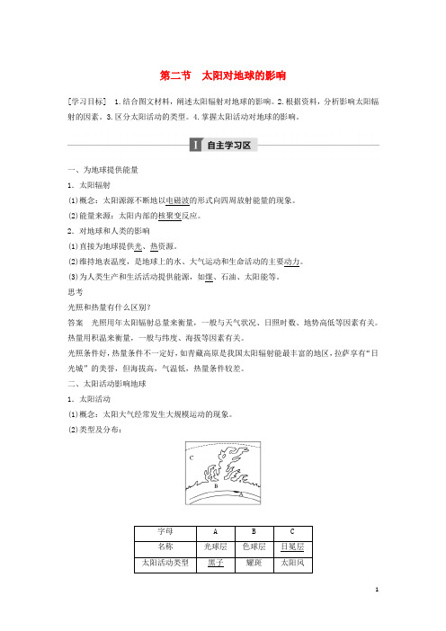 高中地理第一章行星地球太阳对地球的影响学案新人教必修