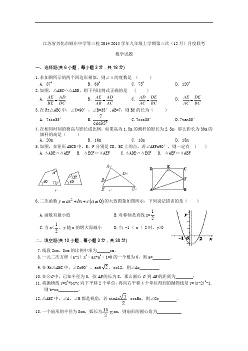 【初中数学】江苏省兴化市顾庄中学等三校2014-2015学年九年级上学期第三次(12月)月度联考数学试题 苏科版
