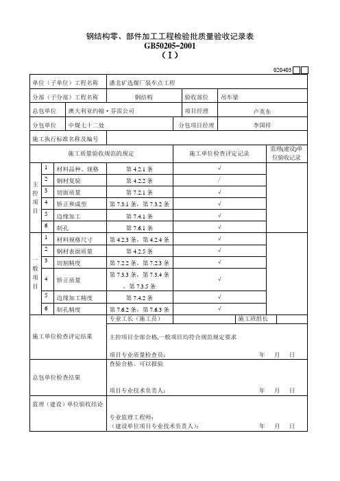 钢结构零、部件加工工程检验批质量验收记录表