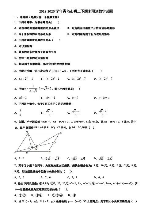 2019-2020学年青岛市初二下期末预测数学试题含解析