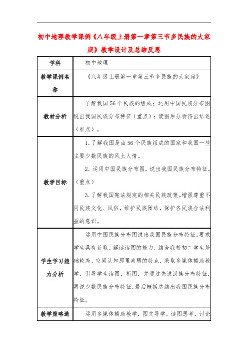 初中地理教学课例《八年级上册第一章第三节多民族的大家庭》课程思政核心素养教学设计及总结反思