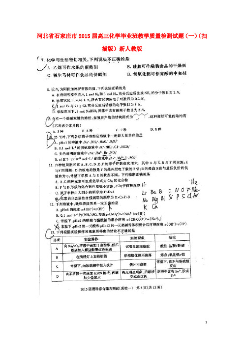 河北省石家庄市高三化学毕业班教学质量检测试题(一)(