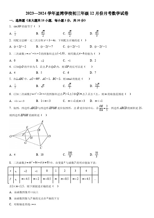 江苏省苏州市苏州工业园区星湾学校2023-2024学年九年级上册12月月考数学试题(含解析)