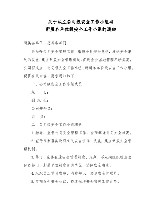 关于成立公司级安全工作小组与所属各单位级安全领导小组的通知