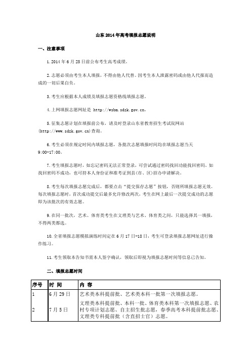 山东2014年高考填报志愿说明